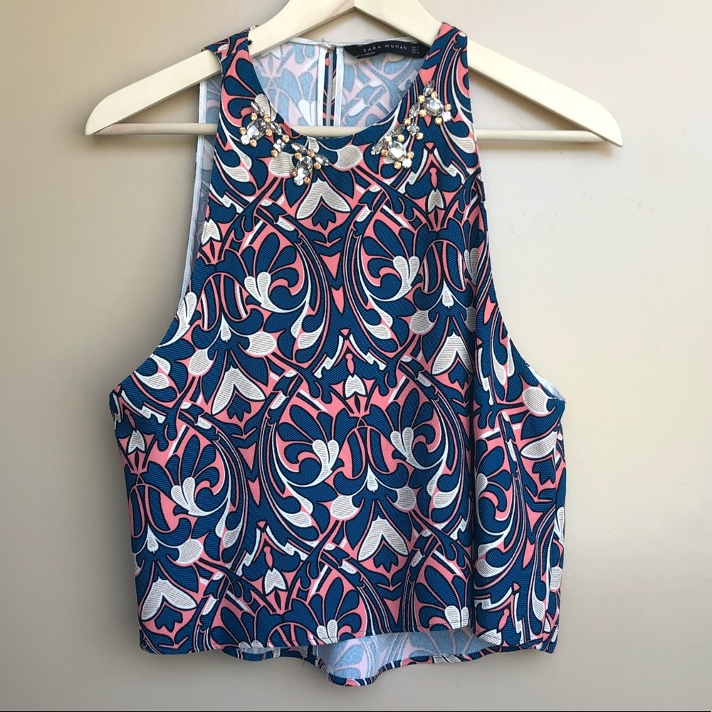 ZARA PAISLEY JEWELED NECKLINE CROP TOP TANK
